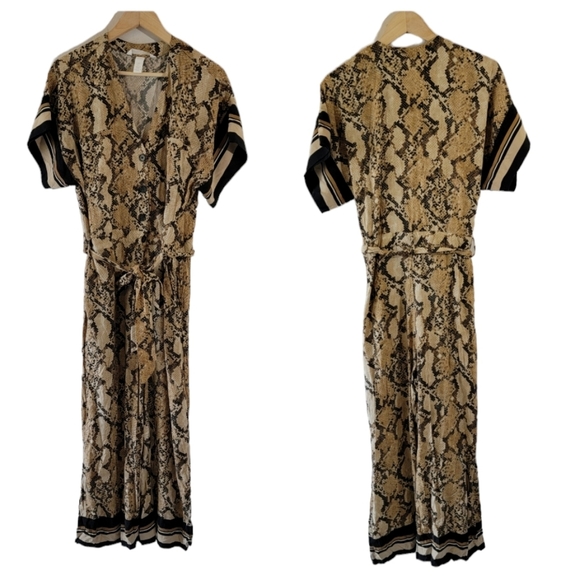 H&M Women's Animal Print Jumpsuit Size 6 Straight Leg Pocket Waist Tie Boho Fall - Picture 11 of 11